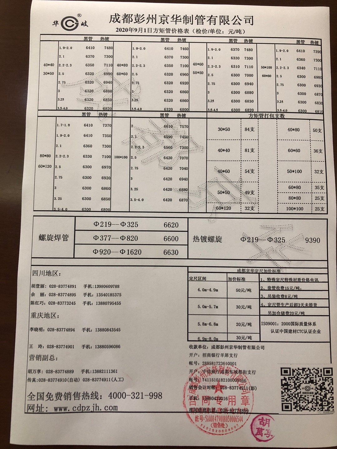 2020年9月1号成都彭州京华制管方矩管螺旋管出厂挂牌价