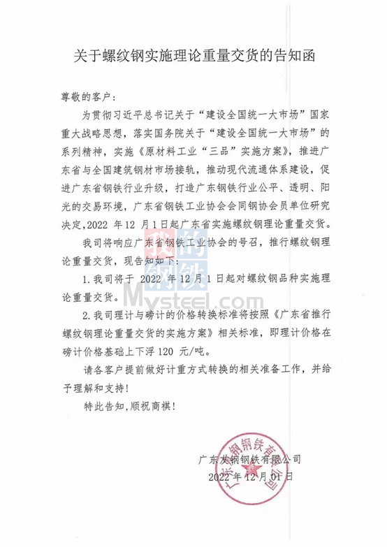 广东友钢关于螺纹钢实施理论重量交货的告知函